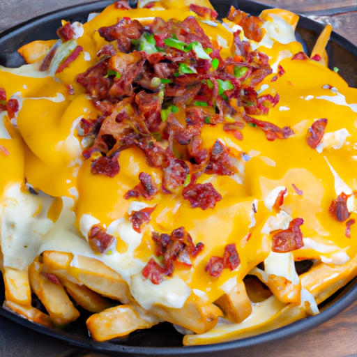 Irresistible cheesy fries loaded with savory bacon and gooey melted cheese