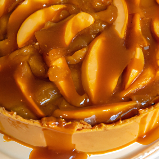 A mouth-watering caramel apple pie topped with a drizzle of caramel sauce