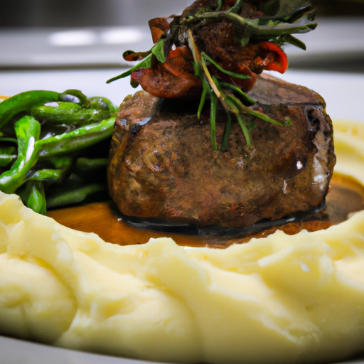 A beautifully plated steak with sides and garnishes